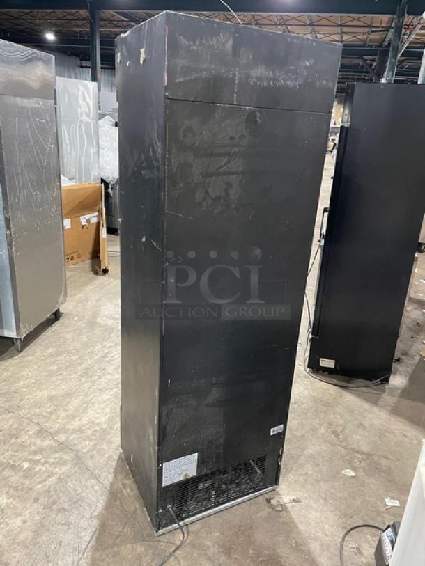 Avantco Commercial Black Single Glass Door Merchandiser Refrigerator, Model 178GDC15HCB, with visible wear.