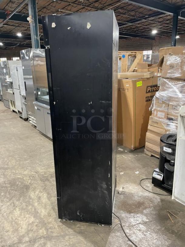 Avantco commercial refrigerator, black, single glass swing door, model 178GDC15HCB, LED lighting, used condition.