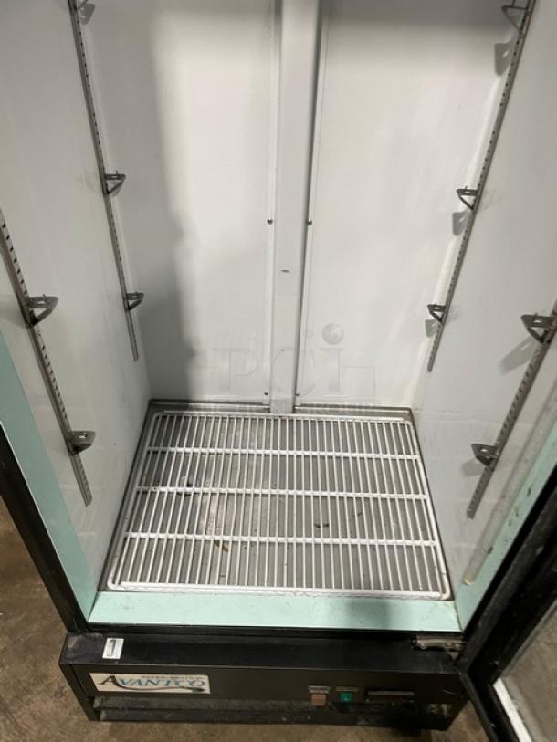 Avantco Commercial Black Single Glass Door Reach-In Merchandiser Refrigerator, Model 178GDC15HCB, with LED lighting and poly-coated wired rack.