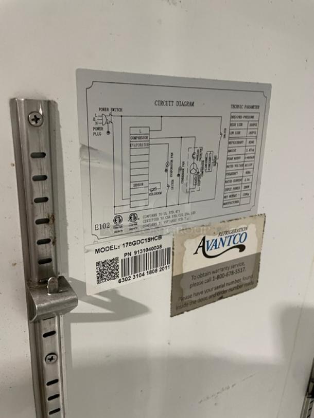 Avantco model 178GDC15HCB refrigerator label with circuit diagram and serial number 6302310418082011.