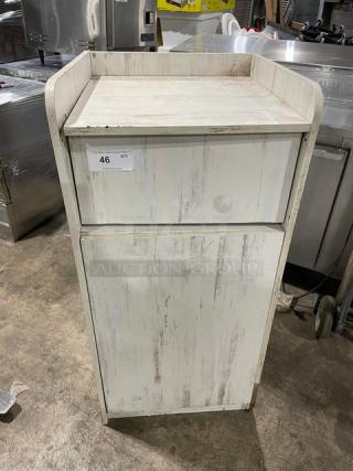 Commercial wooden enclosed-style waste receptacle cabinet with rustic finish, good condition, label marked "46 QTY".