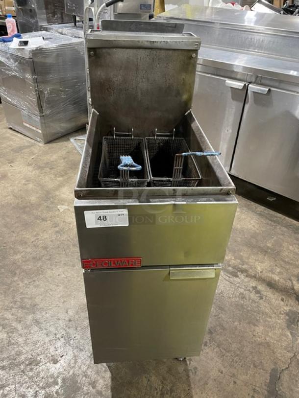 Cecilware FMP40 commercial stainless steel gas-powered deep fat fryer with back splash and fry baskets, on legs.