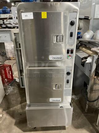 Cleveland Range SteamCraft Power-10 Series dual compartment 10-pan convection steamer, stainless steel, model 24CGP10, with boiler base and individual controls.