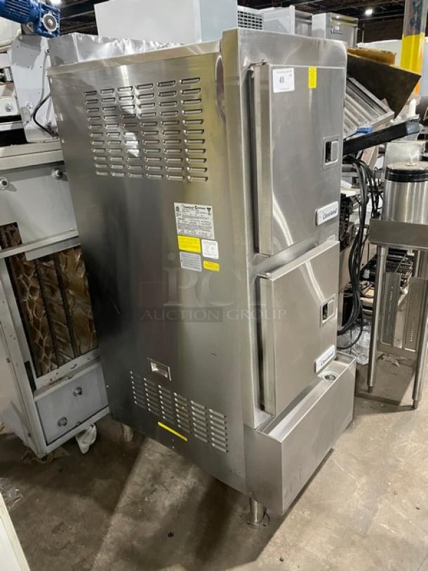 Cleveland Range Power-10 SteamCraft 24CGP10 dual-compartment convection steamer, stainless steel, natural gas, with boiler base and pan rack, on legs.