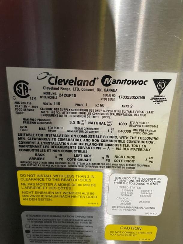 Cleveland Range SteamCraft Power-10 Series commercial convection steamer, Model 24CGP10, natural gas, stainless steel, dual compartment, individual controls, on legs.