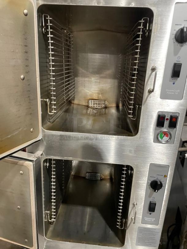 Cleveland Range SteamCraft Power-10 dual compartment convection steamer, stainless steel, natural gas, 10-pan capacity, model 24CGP10.