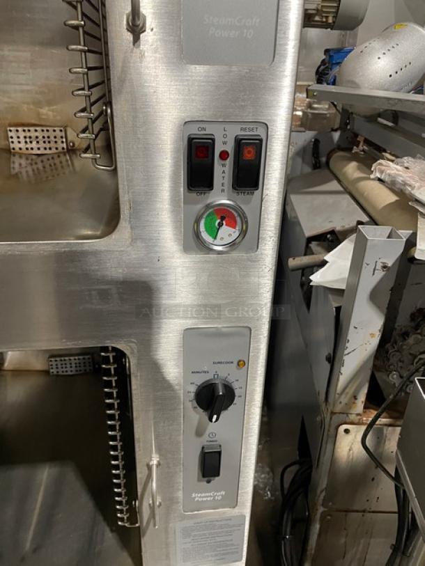Cleveland Range SteamCraft Power-10 dual compartment convection steamer, stainless steel, model 24CGP10, with control panel and pan rack.