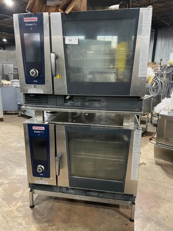 Rational iCombi Pro double stacked combi oven, stainless steel, natural gas, Model LM100CGAXXXX, on legs with wired oven rack.