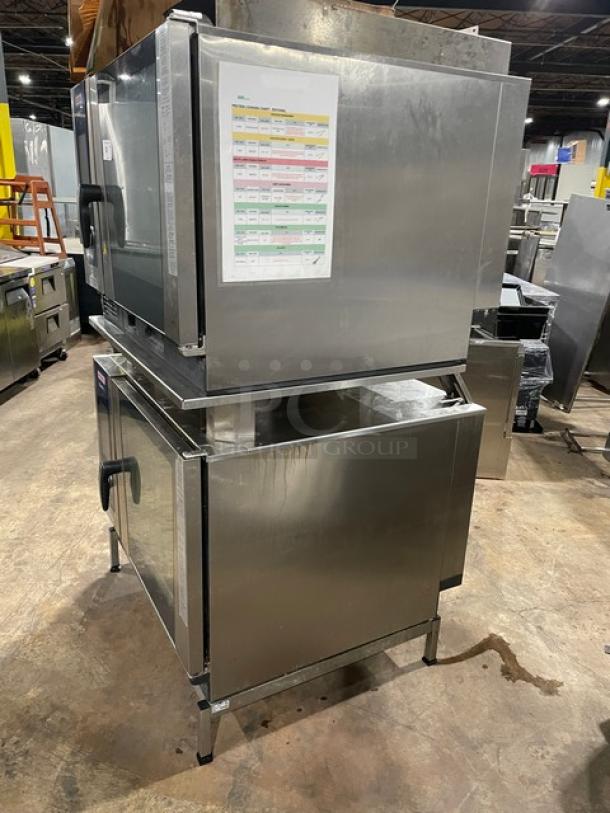 Rational iCombi Pro Series double stacked stainless steel combi oven, model LM100CGAXXXX, 208/240V 1 phase, on legs, natural gas-powered.