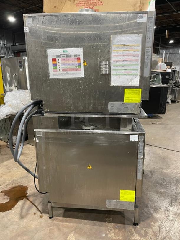 Rational iCombi Pro LM100CG.AXXXX double-stacked stainless steel combi oven, natural gas, wired rack, on legs, 208/240V.