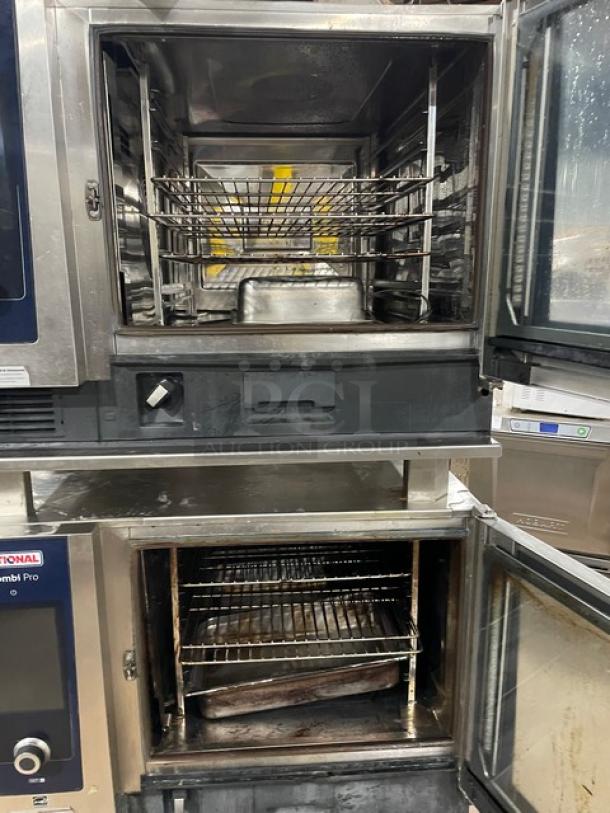 Rational iCombi Pro double stacked combi oven, Model LM100CGAXXXX, stainless steel, wired rack, natural gas, on legs.