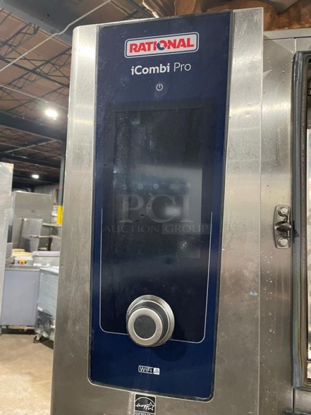 Rational iCombi Pro Series commercial stainless steel double-stacked combi oven, model LM100CGAXXXX, with wired oven rack.