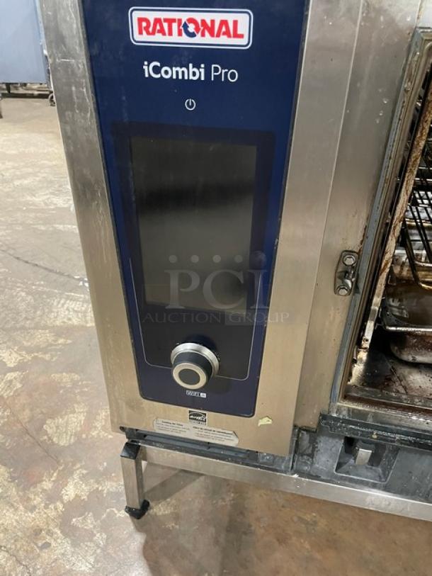 Rational iCombi Pro LM100CGAXXXX double stacked combi oven, stainless steel, natural gas, on legs, with wired rack.