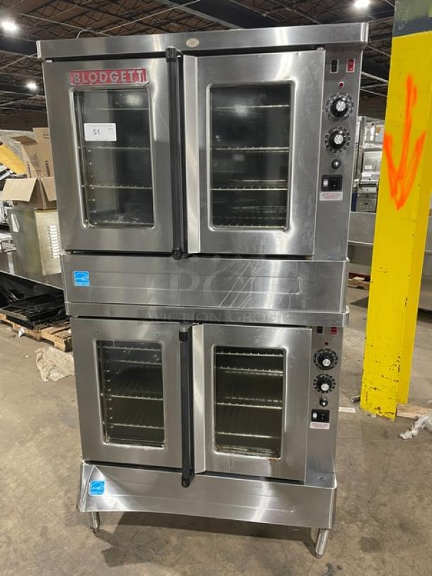 Blodgett commercial stainless steel double-stacked convection oven, electric powered, Energy Star-certified, with thermostatic control, wired racks, on legs.