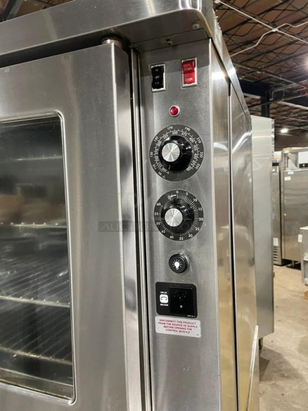 Blodgett stainless steel double convection oven, electric-powered, Energy Star certified, with thermostatic control and wired rack.