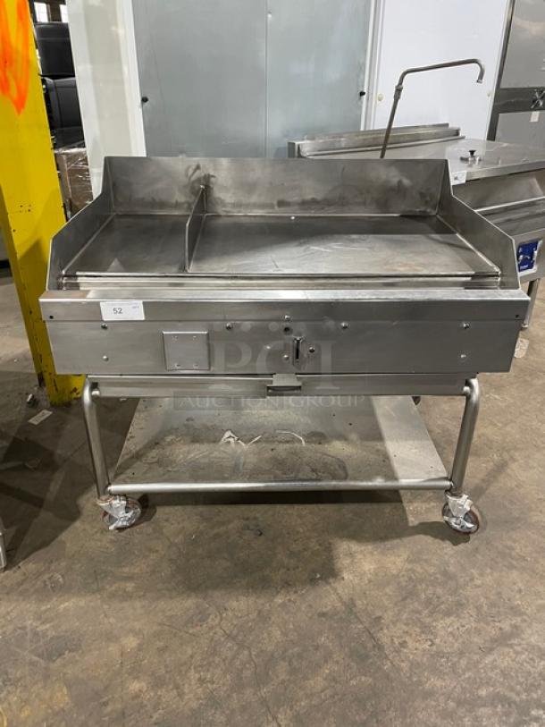 WoodStone stainless steel natural gas countertop 48" plancha griddle with back and side splash, undershelf cart, and casters.
