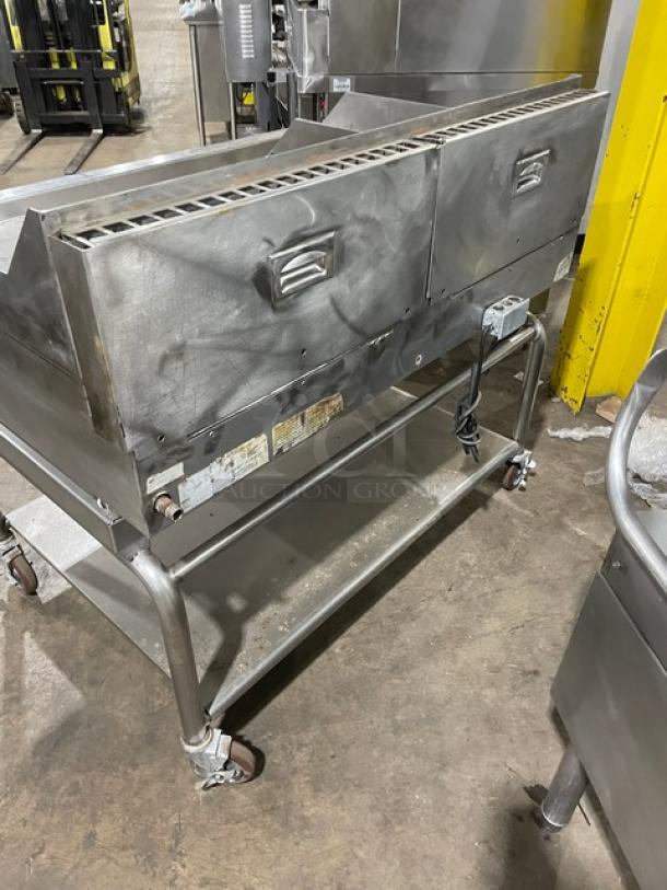 WoodStone stainless steel 48" plancha griddle on casters with back and side splash, undershelf cart, natural gas powered.