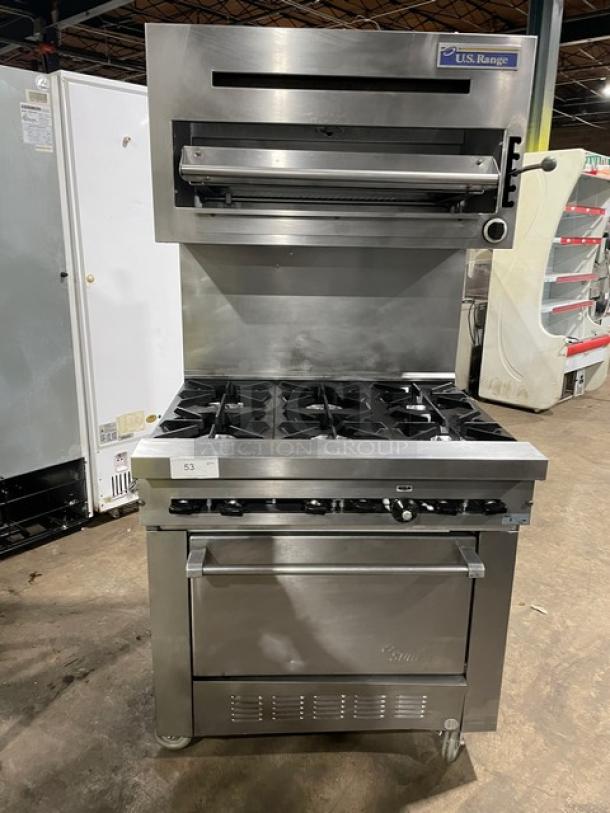 Sunfire by Garland stainless steel 6-burner range/oven combo, model SX-6-26, with U.S. Range salamander broiler, on casters.