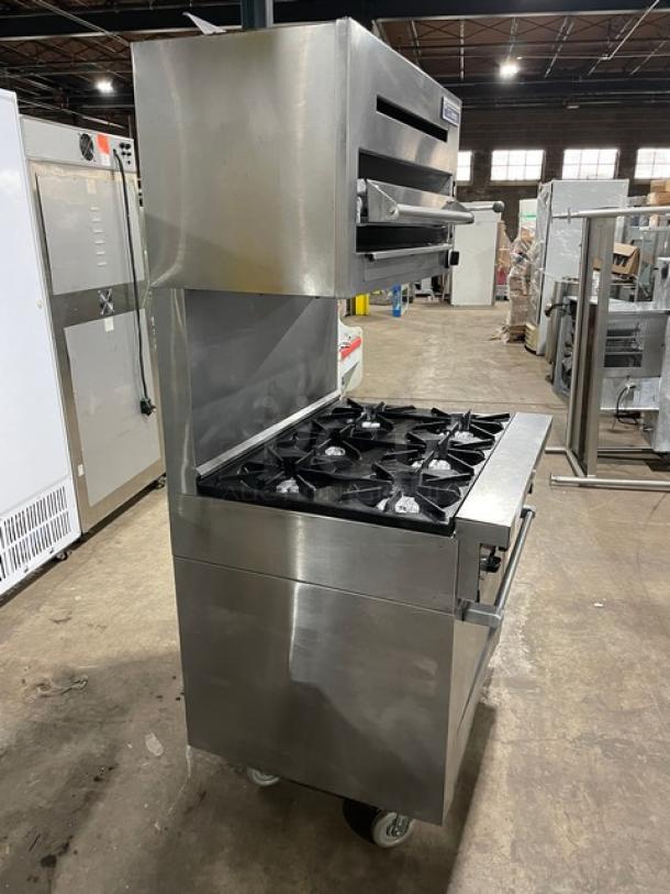 Sunfire by Garland stainless steel 6-burner range/oven combo with U.S. Range salamander. Model SX-6-26 on casters, SN: 0611100156426.