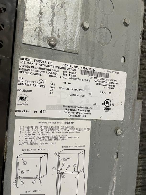 Manitowoc IY0524A-161 ice machine label showing model, serial number, specs, and certifications. 115V, 1 phase.