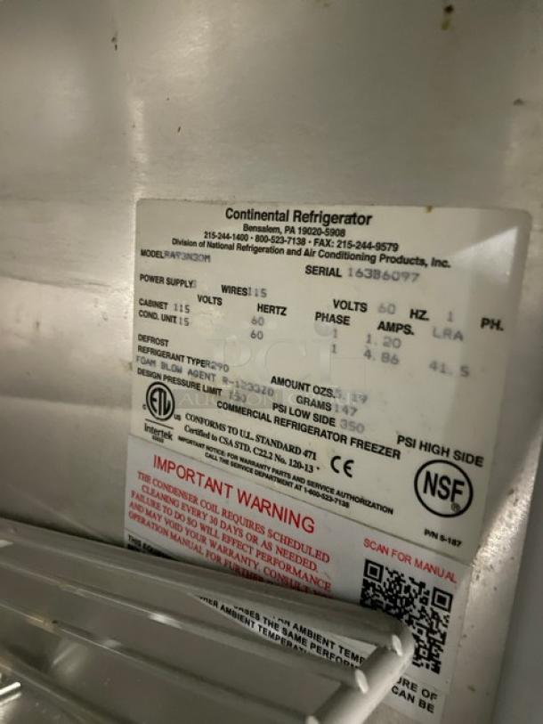 Continental RA93N30M refrigerated prep table label showing model, serial number 163B6097, 115V, 1 phase, NSF certified.