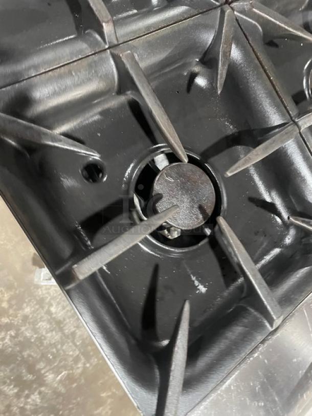Electrolux commercial stainless steel 6-burner range with cast iron burners. Natural gas powered. In good condition.
