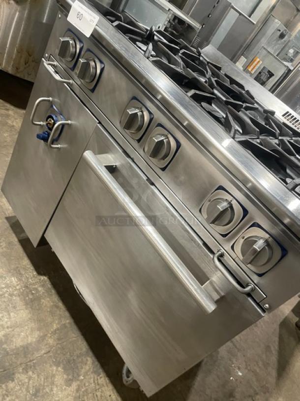 Electrolux Commercial Stainless Steel Natural Gas 6-Burner Range and Static Oven Combo with cast iron burners, wired oven rack, and casters.