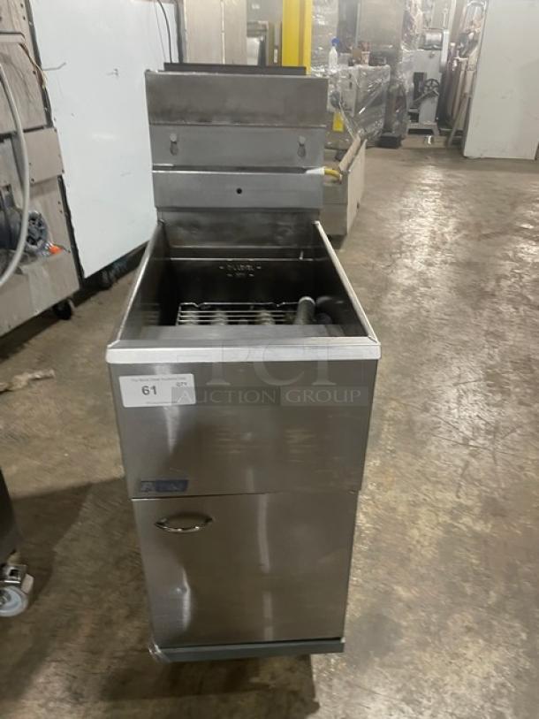 Pitco 45C commercial stainless steel gas fryer, 42 lb. capacity, with backsplash, basket hanger, and legs, model number G12EA018002.