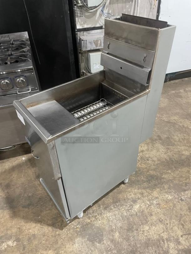 Pitco 45C commercial stainless steel deep fryer, 42 lb. capacity, natural gas, with backsplash and basket hanger, on legs.