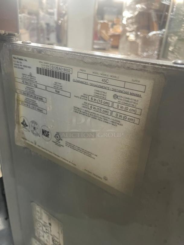 Pitco 45C Commercial Stainless Steel Gas Fryer, 42 lb. capacity, with backsplash, basket hanger, on legs, model and safety labels visible.