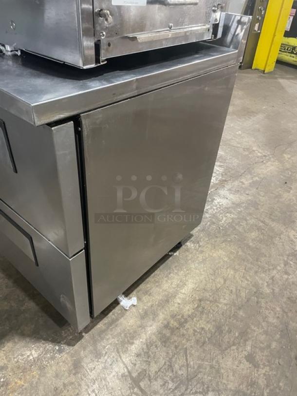 True TWT-27D-2-HC stainless steel worktop refrigerator with upturned backsplash, two drawers, 115V, commercial use.