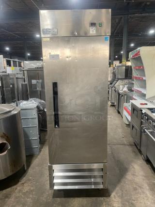 Arctic Air AR23E stainless steel single door reach-in refrigerator on casters, Energy Star certified, with poly coated wired rack.