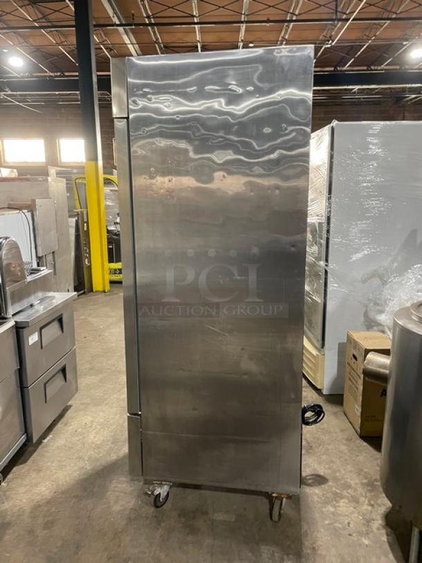 Arctic Air stainless steel single door refrigerator, model AR23E, Energy Star certified, on casters, with poly-coated rack.