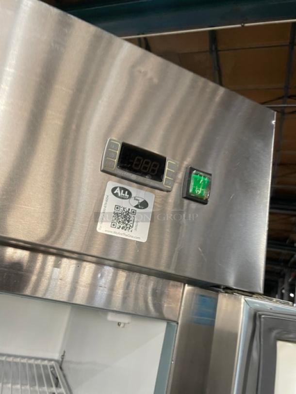 Arctic Air AR23E single door reach-in refrigerator, stainless steel, Energy Star certified, LED display, on casters.