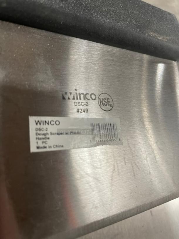 Winco DSC-2 stainless steel dough scraper with black grip handle, NSF certified, brand new, model DSC2, Made in China.