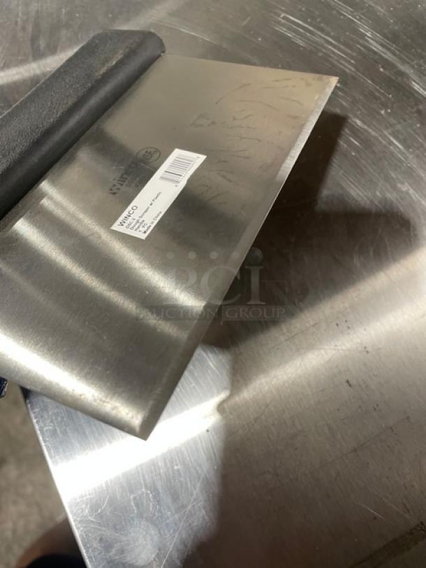 Winco DSC2 stainless steel dough scraper with black grip, brand new, commercial grade, visible model label on blade.