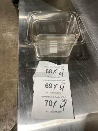 Brand new Winco SP7604 clear polycarbonate food pan, 1/6-size, 4" deep, on stainless surface with auction details visible.