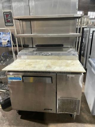 Turbo Air Super Deluxe Series Commercial Stainless Steel Single Door Refrigerated Pizza Prep Table! With Cutting Board & Double Overhead Shelf! With Hotel/Steamtable Pan! With Chrome Plated Wired Rack! Model: TPR-44SD SN: TP4R603009! 115V! On Casters! - Item #1215569