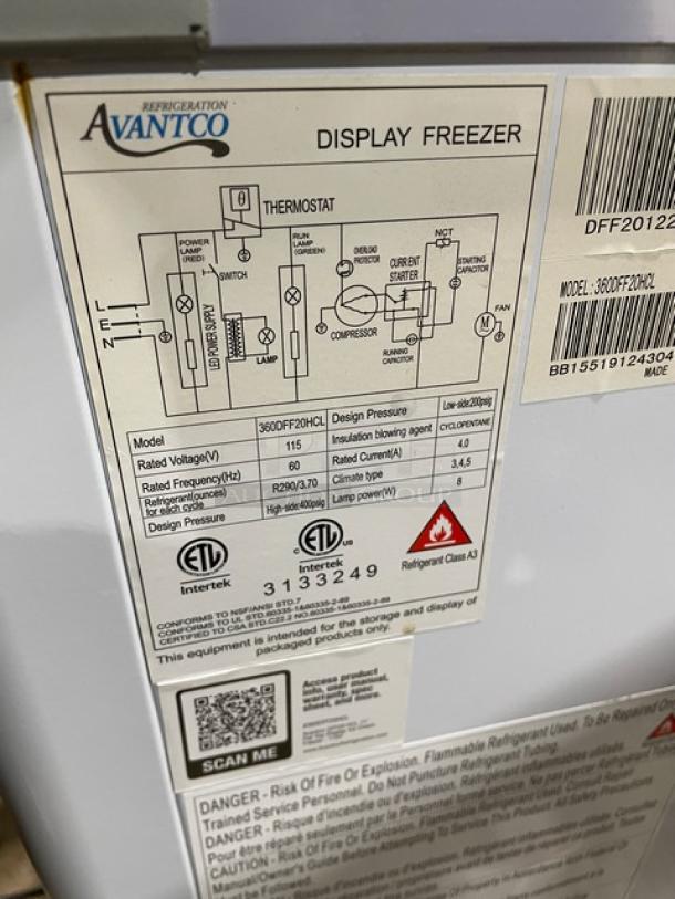 Avantco Commercial 70" Ice Cream Display Freezer, Model 360DFF20HCL, with double glass sliding doors and wired basket.