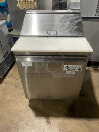 Avantco SCL Series stainless steel refrigerated prep table, model 178SCL1, with cutting board and poly coated rack.
