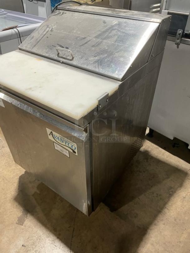 Avantco SCL Series stainless steel refrigerated bain marie prep table with cutting board, model 178SCL1, on casters.