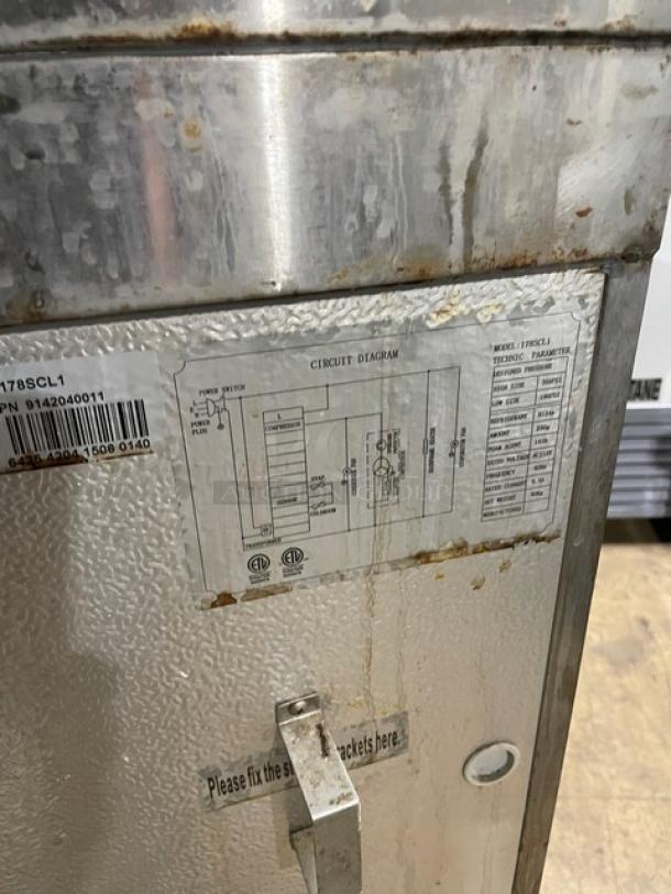 Avantco SCL Series refrigerated prep table, model 178SCL1, with cutting board, pan, and rack, on casters. Serial: 6435420415060140. Visible wear.