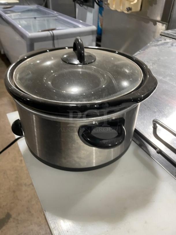 Crock-Pot by Rival SCR503, 5 Qt. stainless steel slow cooker, handles, glass lid, electric, 120V, good condition.
