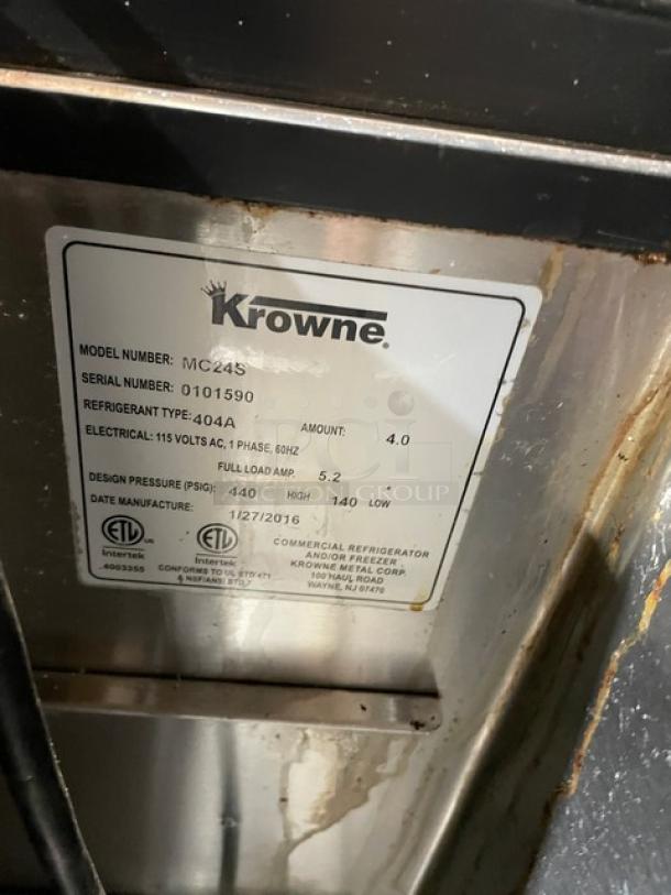 Krowne MC24S stainless steel underbar glass froster, Model: MC24S, SN: 0101590, 24", sliding-top lid, 115V, ETL certified.