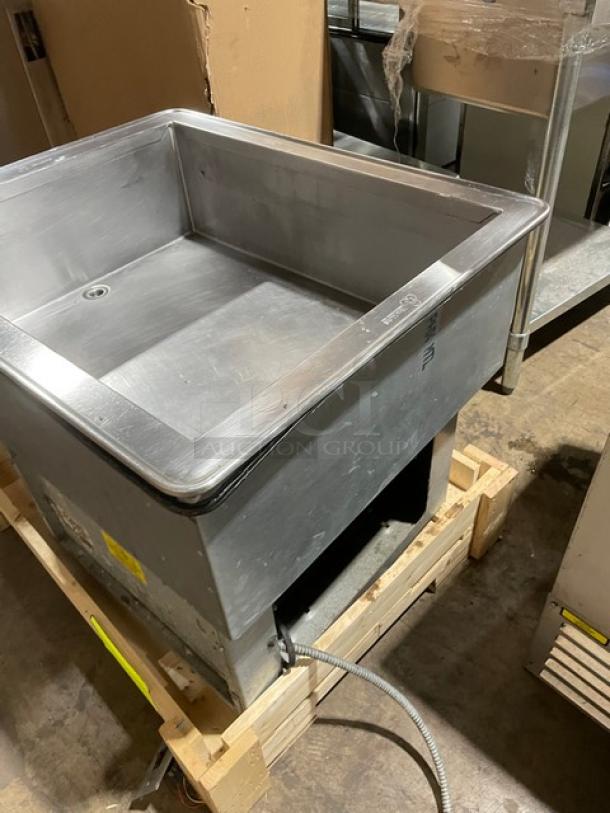 Atlas Metal stainless steel electric single well refrigerated drop-in cold unit on pallet. Excellent condition, model details marked.
