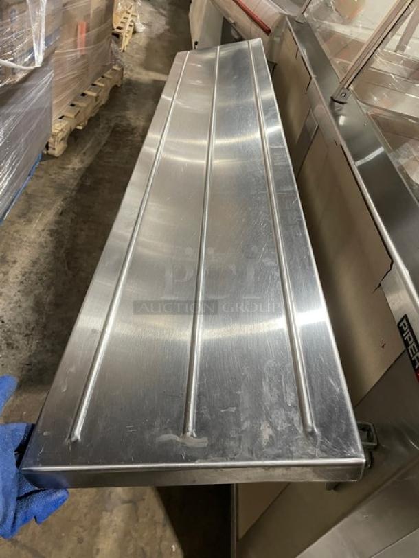 Piper Products 4-well hot food serving counter with sneeze guard, foldable tray slides, and enclosed shelf. Model 4HF, 208V, on legs.