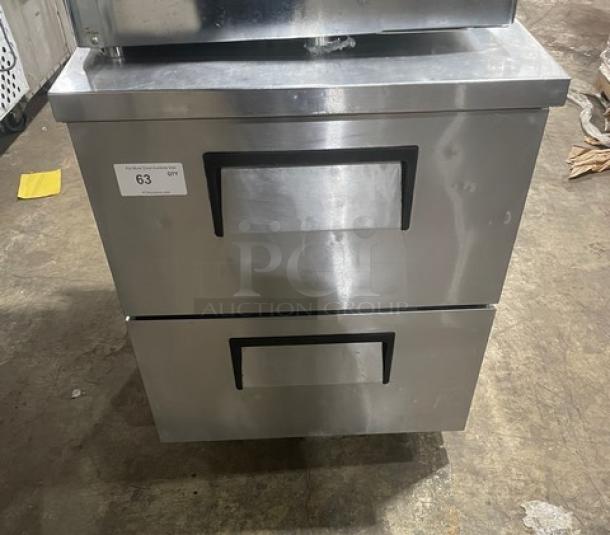 True TWT-27D-2-HC stainless steel 2-drawer worktop refrigerator with upturned backsplash, 115V, in good condition.