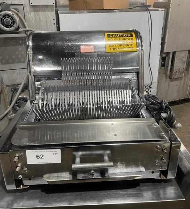 Berkel MB Commercial Stainless Steel Electric Bread Slicer, 115V, Serial 9211120103897, on legs, caution label visible.