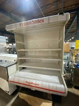 Hussmann Model MD14 refrigerated grab-n-go display case, white, multi-tier, with Primo Hoagies branding, pull-down night curtain.