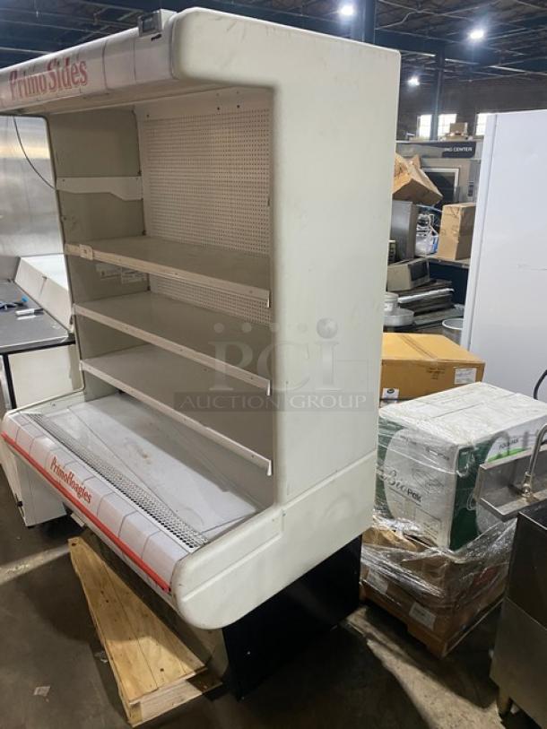 Hussmann MD14 white refrigerated merchandiser with shelves, pull-down night curtain, Primo Hoagies branding, 208-230V.